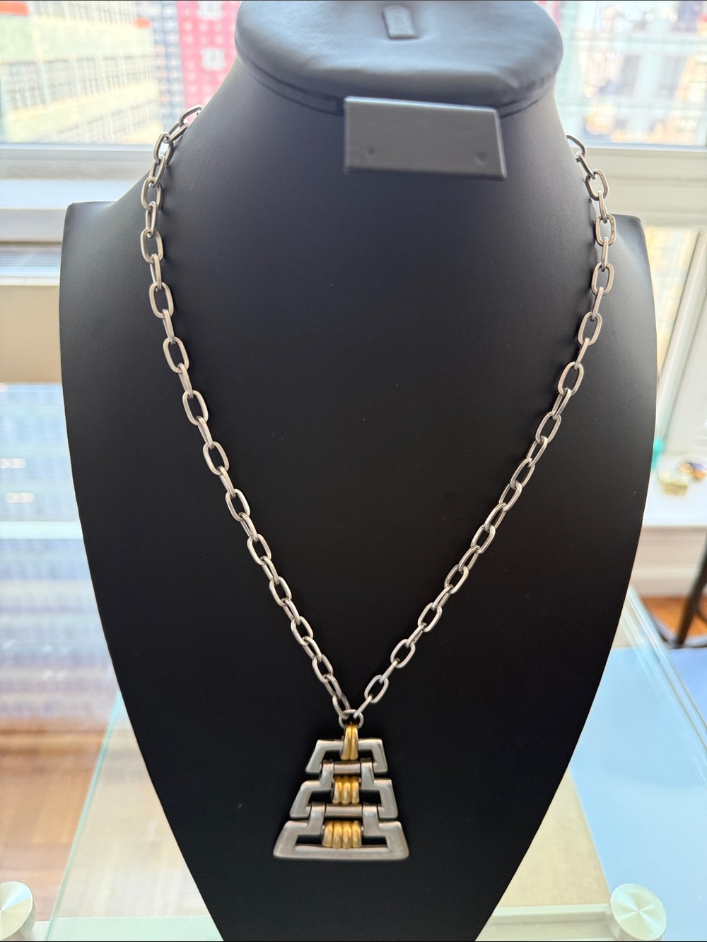 Vintage Crown Trifari 2 Tone Necklace With Geometric Mid Century Modern Pendant.